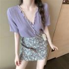 Short-sleeve Button-up V-neck Chiffon Top / Floral Print Mini Pencil Skirt