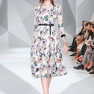 Long-sleeve Printed Maxi Pleated  Dress