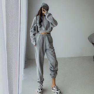 Set: Brushed Loose-fit Cropped Hoodie + Jogger Pants