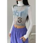 Turtle-neck Letter Printed Crop Top Ivory - One Size
