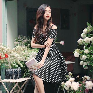 Cutout Shoulder Polka Dot A-line Dress