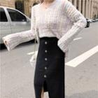 Set: V-neck Sweater + Buttoned Midi Knit Skirt Sweater - Multicolor - One Size / Skirt - Black - One Size
