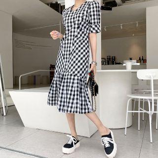 V-neck Gingham Midi Mermaid Dress
