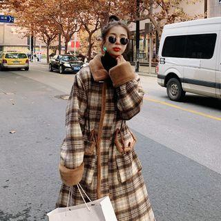 Fleece-lined Plaid Zip-up Long Coat