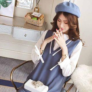 Mock Two-piece 3/4-sleeve Ruffle Hem Dress