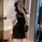 Short-sleeve Cold Shoulder Two Tone Mini Dress Black - One Size