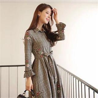 Floral Embroidered Plaid Shirtdress With Belt