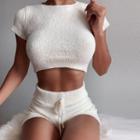 Set: Short-sleeve Plain Cropped Knit Top + Shorts