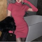 Set: Mock-neck Short-sleeve Knit Dress + Arm Sleeves Rose Pink - One Size
