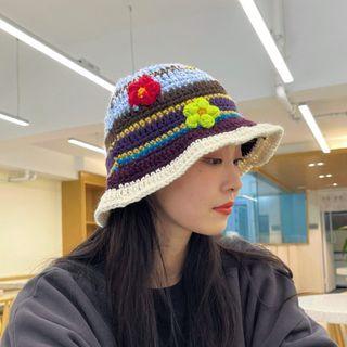 Flower Knit Bucket Hat Blue & Black & Purple - M