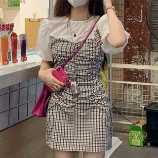 Mock Two-piece Puff-sleeve Plaid Panel Ruched Mini Bodycon Dress