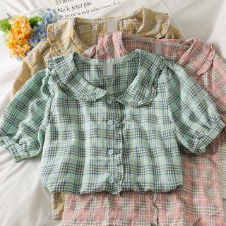 Peter Pan-collar Ruffle-trim Plaid Shirt