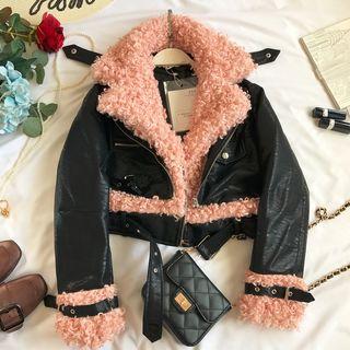 Fleece Panel Faux-leather Cropped Biker Jacket