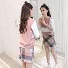 Color Block Sweater / Plaid Mini Skirt / Set