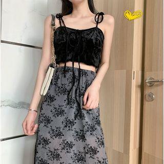 Spaghetti Strap Cropped Velvet Top / Gingham Floral Slit A-line Midi Skirt