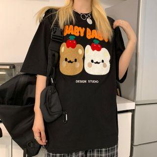 Short-sleeve Cartoon Bear Embroidered T-shirt