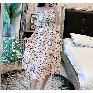 Elbow-sleeve Heart Pattern Tiered Midi Dress
