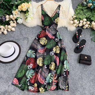Printed Midi Spaghetti Strap A-line Dress