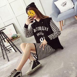 Set: Long-sleeve Striped Dress + Printed Hooded Knit Vest