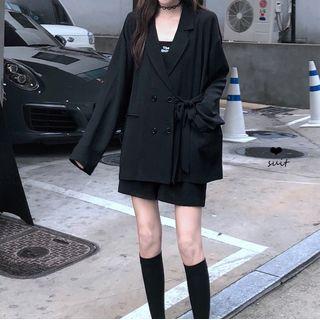Tie-waist Blazer / Plain Wide-leg Shorts
