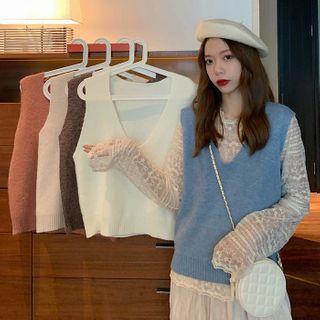 Plain V-neck Knit Vest / Long-sleeve Lace Top