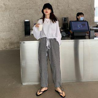 Long-sleeve Plain Top / Plaid Pants