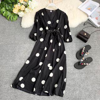 Short-sleeve Dotted Midi A-line Dress Black - One Size