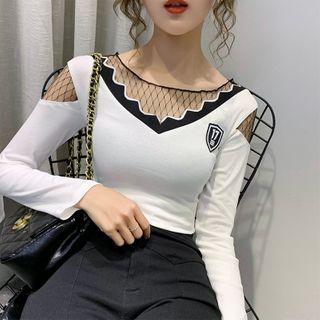 Mesh Panel Contrast Color Long-sleeve T-shirt