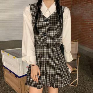 Plain Blouse / Plaid Cropped Vest / Mini A-line Skirt