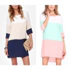 Colour Block Elbow-sleeve Shift Dress