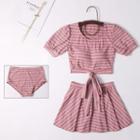 Swim Set: Short-sleeve Striped Top + Bottom + Swim Skirt