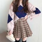 Pattern Sweater / Pleated Mini Skirt