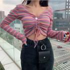 Striped Drawstring Long-sleeve T-shirt Pink - One Size