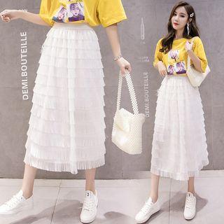 Fringed Trim Midi Tiered Skirt