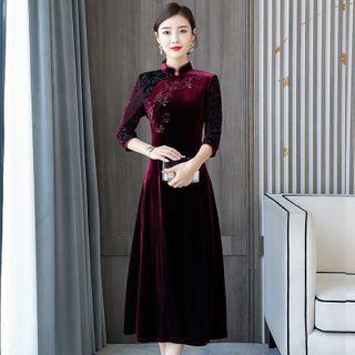 Elbow-sleeve Embroidered Velvet Midi A-line Dress