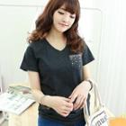 Beaded Pocket V-neck T-shirt