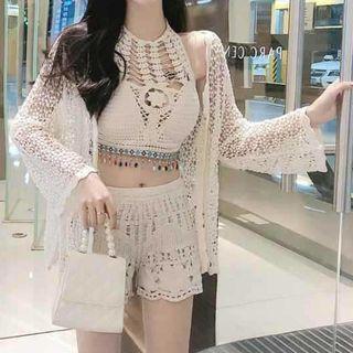 Perforated Halter Top / Shorts / Light Jacket / Set
