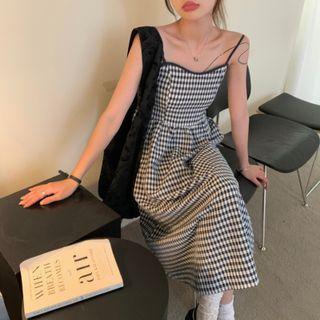 Plaid Spaghetti-strap Dress As Shown In Image - One Size