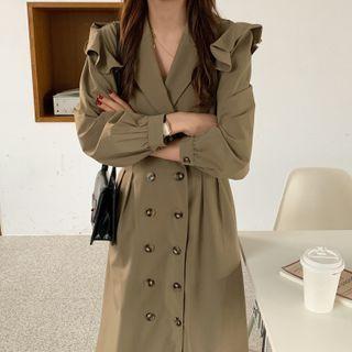 Long-sleeve Ruffle Double-breasted Midi Collared Dress