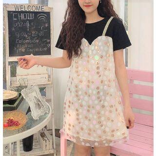Short Sleeve Mock Two Piece Sequined A-line Dress As Shown In Figure - One Size