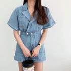 Notched-lapel Pocket-detail Denim Playsuit Dark Blue - One Size