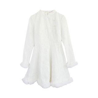 Long-sleeve Furry-trim Lace Dress