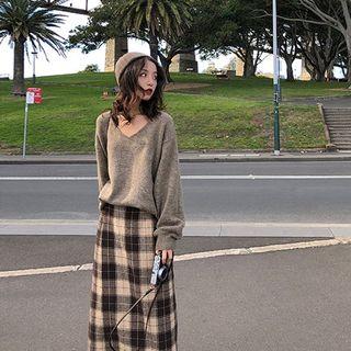 Set: V-neck Sweater + Plaid Midi A-line Skirt