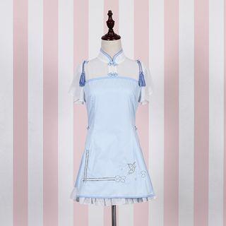 Mandarin Collar Embroidered Short-sleeve Dress