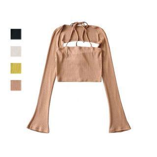 Set: Cropped Halter Top + Flared-sleeve Crop Top