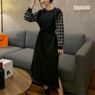 Long-sleeve Plaid Panel Midi Shift Dress
