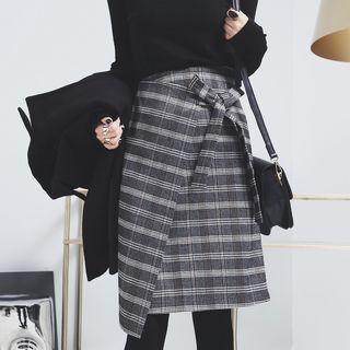 Tie-accent Asymmetric Plaid Skirt