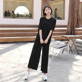 Set: Round-neck Plain T-shirt + Band-waist Wide-leg Pants