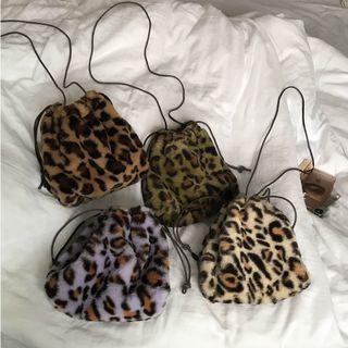 Fluffy Leopard Print Drawstring Crossbody Bag