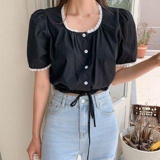 Puff-sleeve Cropped Blouse Navy Blue - One Size